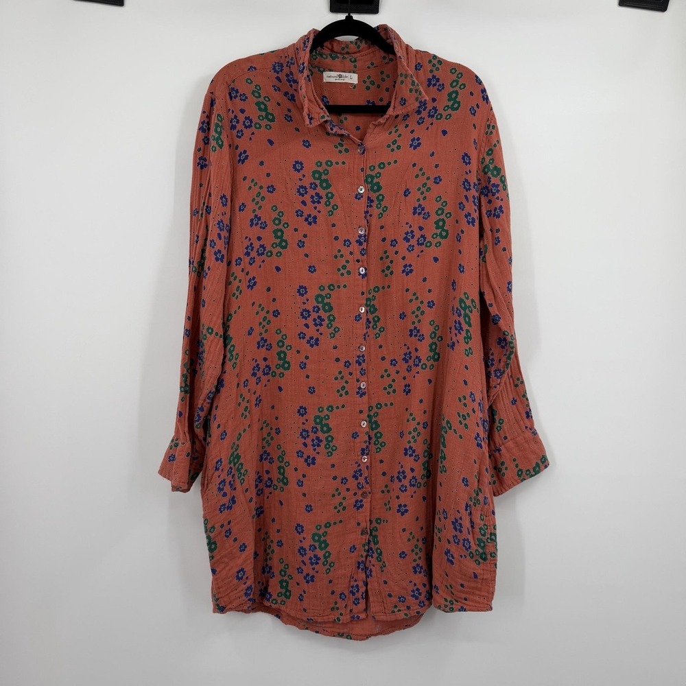 Natural Life Shirt Dress Womens Large Orange Coral Floral Lightweight Gauze